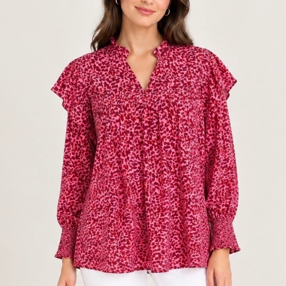 Rungolee Silk Long Sleeve Crepe Ruffle Smocked Junglemania Top Blouse Pink Red L